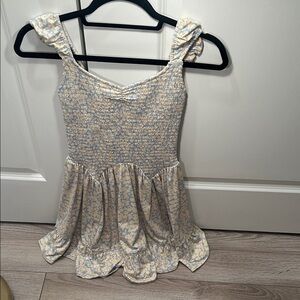 Urban Outfitters Blue and Beige Striped Floral Sun Dress XS Smocked Flowy